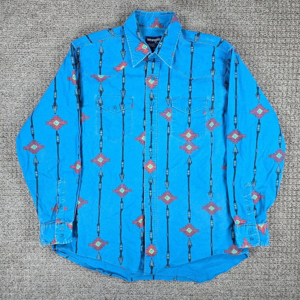 Vintage Wrangler Brushpopper Mens Western Shirt Blue Aztec Arrow 17.5-35